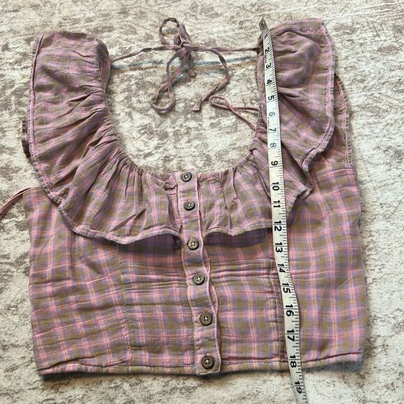Free people corset ruffle Pink Plaid Ruffle Button-Down Top size small - Picture 8 of 8